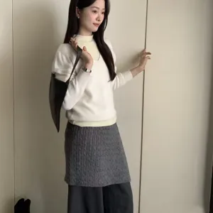 Korean style knit sweater and grey cable knit waist wrap skirt detail view apparel