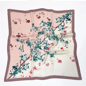 Elegant retro square silk scarf with floral branch print, versatile fashion daily neckerchief.