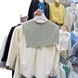 Women's knitted fake collar and white shirt set, stylish hollow out design for summer.