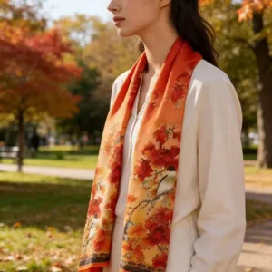 Elegant autumn orange printed long silk scarf for women, fashionable floral shawl and neck wrap.
