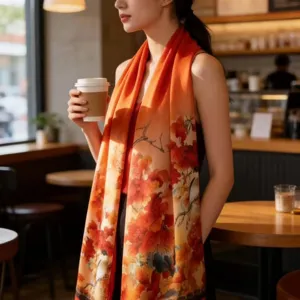 Close-up detail view of the elegant orange gradient floral silk scarf worn in cozy cafe.