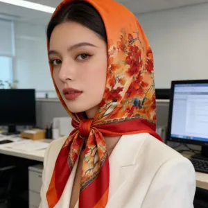 Detailed view of women orange silk square scarf with autumn leaf floral print, elegant accessory.