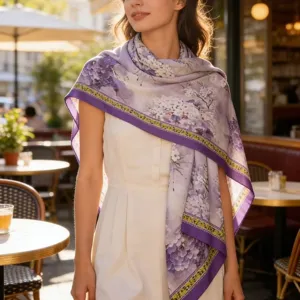 Elegant purple floral print scarf, lightweight sheer shawl for women, chic outdoor cafe style.