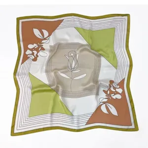 Retro geometric print square silk scarf, elegant minimalist floral design for women style.