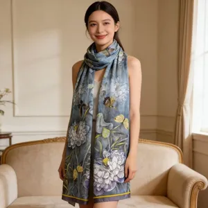 Elegant blue floral silk scarf detail, showcasing exquisite butterfly and lotus print.
