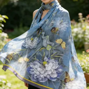 Blue floral and butterfly printed silk scarf, elegant lightweight shawl for women.