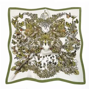 Vintage botanical butterfly print square silk scarf with elegant green border design