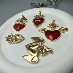 Pendentifs cœur ailes émail rouge doré accessoires bijoux DIY cœur sacré breloques