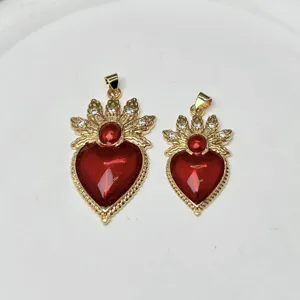 Pendentif cœur rouge doré avec ailes, accessoires de bijoux DIY en forme de cœur couronne.