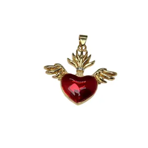 Pendentif cœur rouge ailes dorées bijoux DIY émail couronne charme accessoire tendance