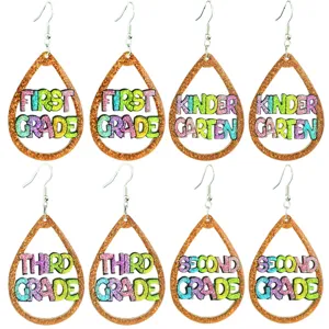 Glitter Acrylic Teardrop Hollow Earrings For Teachers School Grade Letters Rhinestone Dangle Earrings Back To School Season Jewelry Gift
