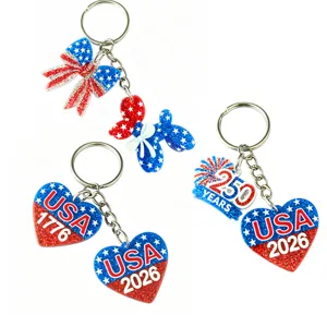 USA Unabhängigkeitstag Schlüsselanhänger Set Pailletten Glitzer Amerikanische Flagge Schleife Herz Schmetterling Hund Tasche Anhänger Acryl Schlüsselring