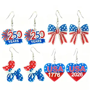 American Independence Day 250th Anniversary Bow Tie Heart Balloon Dog Earrings Red White Blue Glitter Acrylic Alloy Festive Party Ear Jewelry