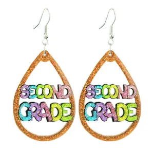 Shiny glitter second grade teardrop earrings, back to school teacher hollow letter drop earrings.