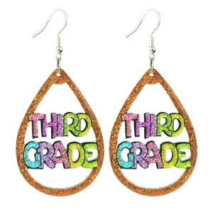 Sparkling teardrop earrings with Third Grade cutout letters for teachers and school season.