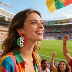 Detailed close-up of Italy flag soccer ball glitter round earrings worn by stadium model.