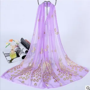 Purple chiffon scarf with gold stamped peacock pattern, elegant women long shawl wrap.