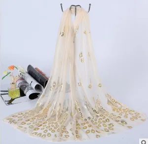 Details of the chic beige gold foil peacock feather sheer scarf shawl for women beach wrap.