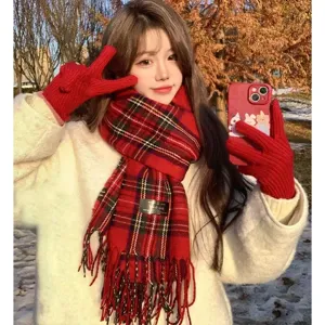 Cozy winter red plaid scarf and knit gloves detail, warm cashmere-feel tassel design.