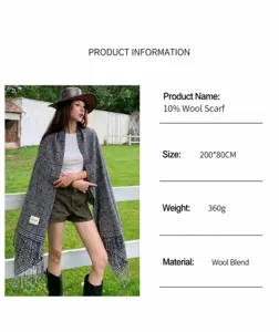 Detailed view of women's warm wool blend plaid scarf, elegant winter fashion shawl accessory.