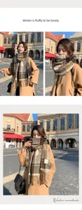 Details of the classic khaki plaid cashmere-feel tassel scarf for winter warmth and style.