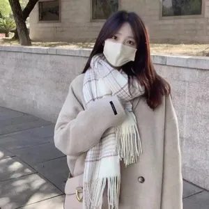 Women Winter Warm Plaid Scarf Imitation Cashmere Tassels Soft Casual Shawl Fashion Neck Wear Cold Weather