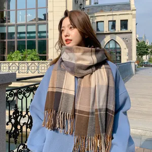 Classic plaid cashmere feel winter scarf for women, warm and thick tassel design daily wear.