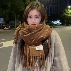 Écharpe à carreaux marron femme automne hiver avec franges douce chaude élégante châle