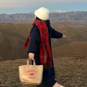Winter warm red plaid scarf and shawl for women, stylish fleece winter accessories.