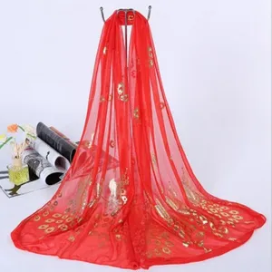 Women Lightweight Sheer Scarf Long Beach Shawl Gold Foil Stamping Peacock Feather Pattern Fashion Neck Scarf Wrap