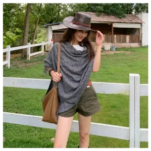 Classic plaid scarf for women, cozy winter warm shawl, stylish wool blend neck wrap detail.