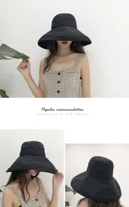 Black peach skin velvet bucket hat, detailed view showing the wide brim sun design.