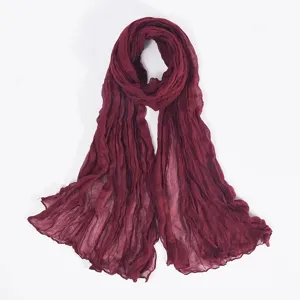 Burgundy crinkled solid color scarf women lightweight shawl wrap hijab summer accessory