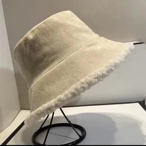 Winter corduroy bucket hat for women with plush shearling trim stylish casual warm basin cap