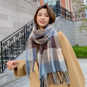 Women winter warm plaid cashmere feel scarf thick cozy fashion tassel shawl neck wrap