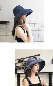Detailed view of dark blue peach skin velvet fisherman hat for outdoor sun protection.