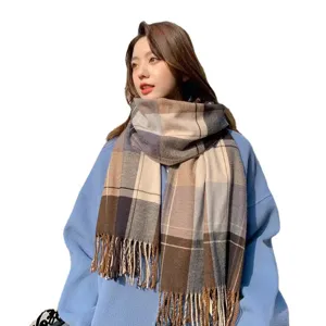 Women Winter Warm Imitation Cashmere Plaid Scarf With Tassels Thickened Neckerchief