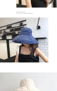 Detailed view of the wide brim peach skin velvet bucket hat in dark blue for outdoor sun protection.