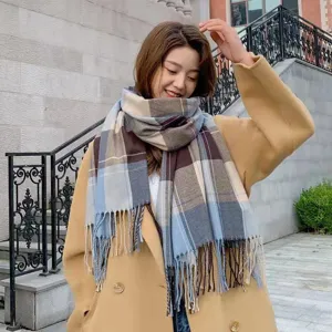 Classic plaid tassel scarf for women, soft warm winter neck wrap fashion accessory.