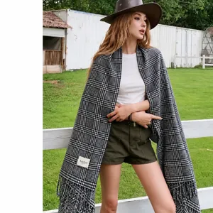 Classic houndstooth plaid scarf for women, warm wool blend shawl wrap for autumn and winter.