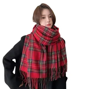Cozy red plaid winter scarf for women, classic checkered cashmere-feel shawl with fringe.