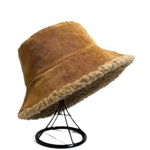 Women corduroy bucket hat winter warm fuzzy lamb wool basin hat stylish casual brown outdoor