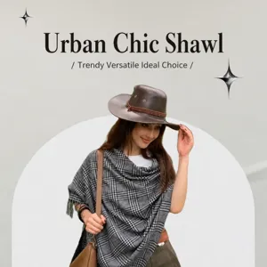 Classic plaid winter warm shawl and scarf for women, cozy wool blend fashion cape accessory.