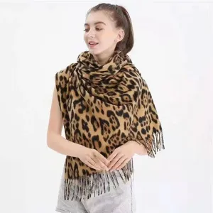 Écharpe à franges motif léopard mode hiver épais imitation cachemire châle chaud pour femmes