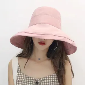 Pink wide brim bucket hat peach skin velvet solid color casual sun hat outdoor fashion