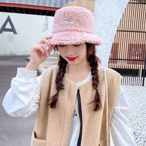 Pink sherpa bucket hat, soft teddy fleece winter warm cap for women, stylish daily street wear.