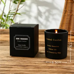Black glass scented candle detail view, handmade soy wax, 7.7x6.5cm compact home fragrance.