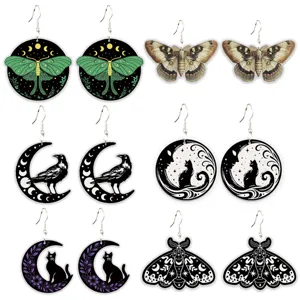Gothic Wooden Drop Earrings Halloween Dark Moth Raven Black Cat Moon Skull Printed Wood Jewelry For Women Gift