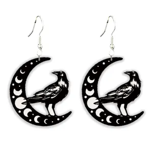 Gothic black and white raven moon phase wooden drop earrings, unique hollow design.