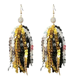 Boucles d'oreilles à franges de sequins multicolores brillants avec boule en strass pour fête.